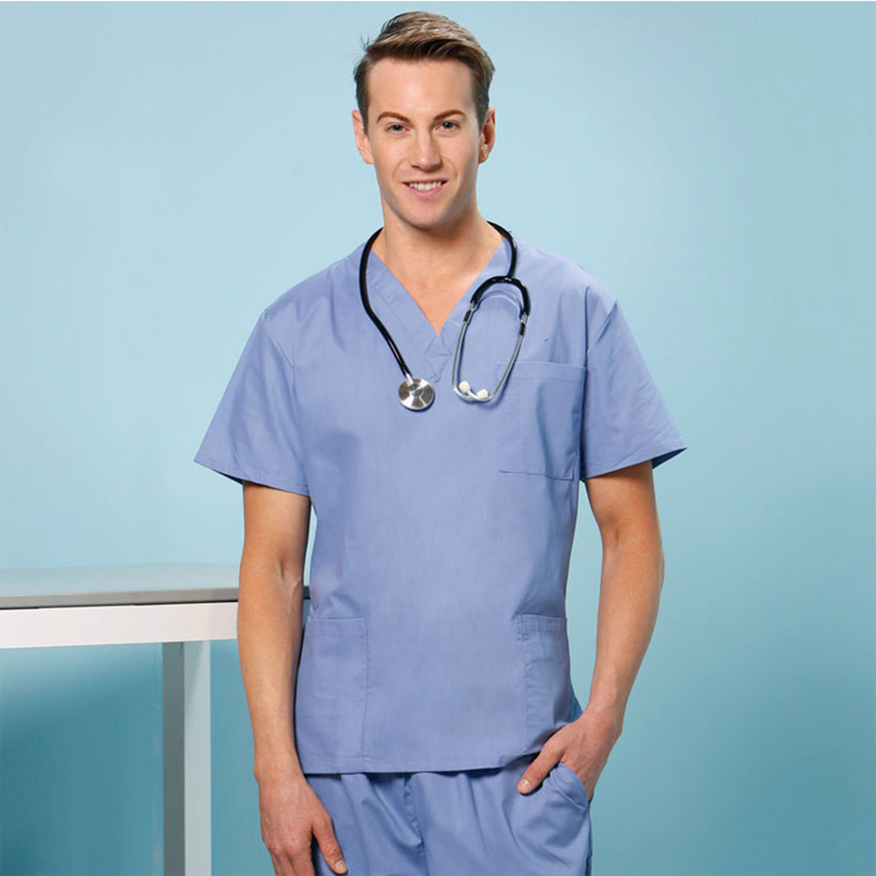 Ceil blue unisex scrubs top with V-neck, short sleeves, and chest pocket modeled with stethoscope