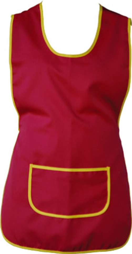 Maroon/Gold Plain Spick women's full smock apron (cobbler style) with contrast trim and a large front pocket, made from easy-care polyester/cotton for hospitality and work uniforms.