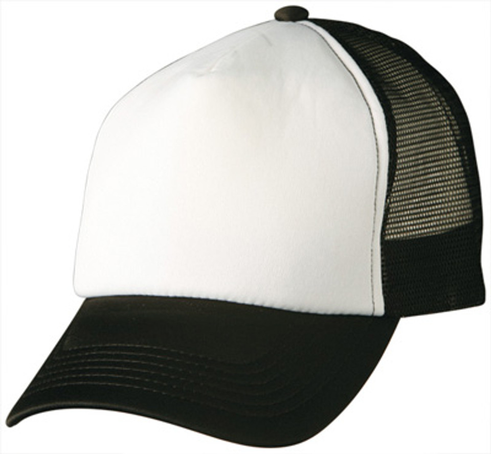 Plain black adult unisex trucker hat (WS-CH69) with a 5-panel polyester front and breathable mesh back, perfect for custom branding and wholesale orders-White/Black