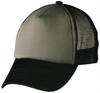 Charcoal grey front panel trucker cap with black mesh back and black curved peak