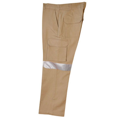 Khaki drill cargo pants with silver 3M reflective tape stripe around leg and multiple cargo pockets
