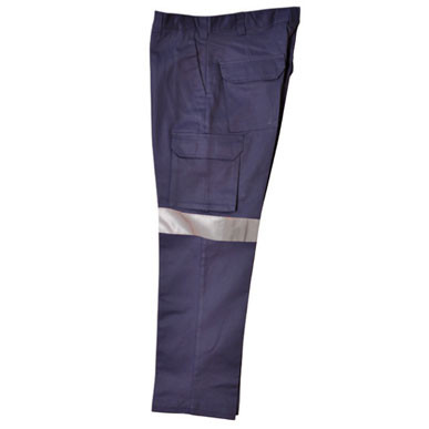 Navy blue drill cargo pants with silver 3M reflective tape and multiple pockets