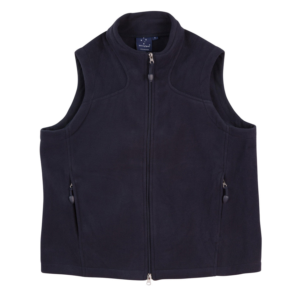 Navy polar fleece vest with stand collar, full-length zip and dual zip side pockets, flat lay