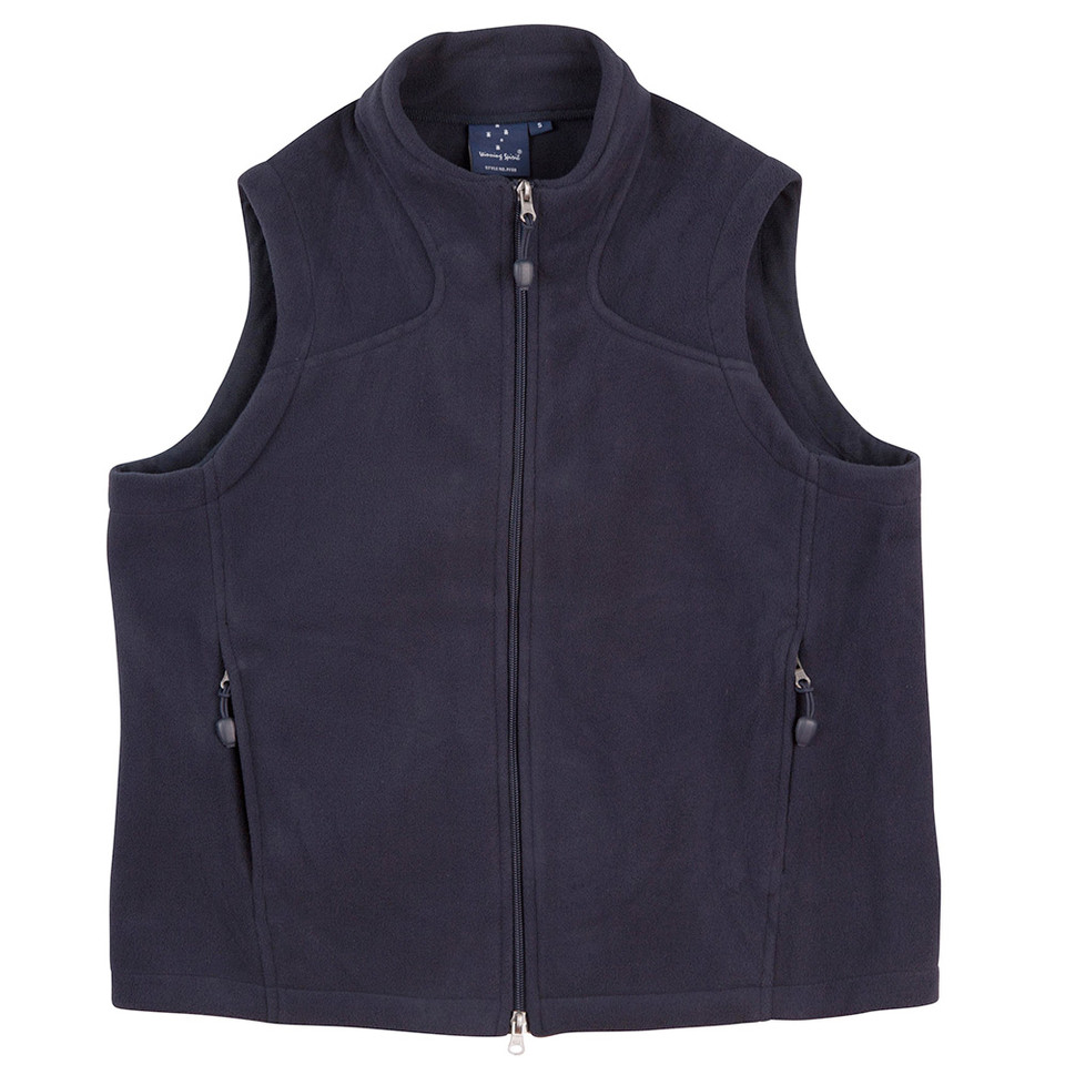 Navy polar fleece vest with full-length zip, stand collar, and two zip side pockets — flat lay packshot