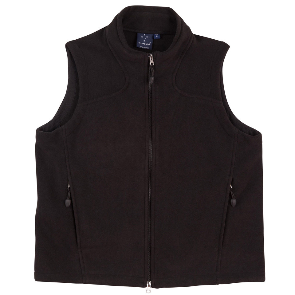 Black polar fleece vest with full zip closure and side pockets, laid flat on white background