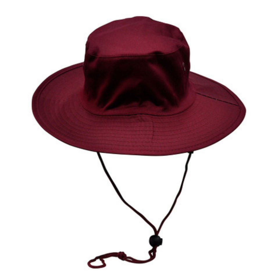 UMINA poly/cotton surf hat with UPF 50+ sun protection, featuring a soft brim, large eyelets, and a breakaway chin strap and toggle, perfect for beach and sun wear-Maroon