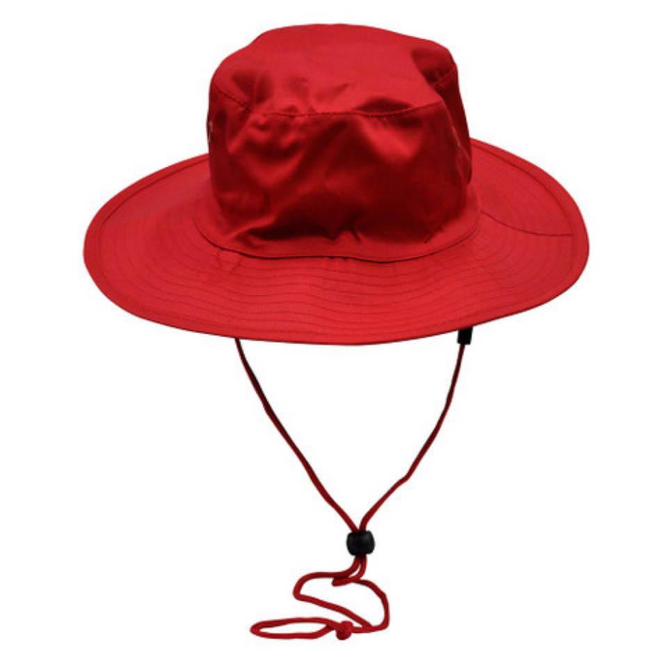 UMINA poly/cotton surf hat with UPF 50+ sun protection, featuring a soft brim, large eyelets, and a breakaway chin strap and toggle, perfect for beach and sun wear-Red