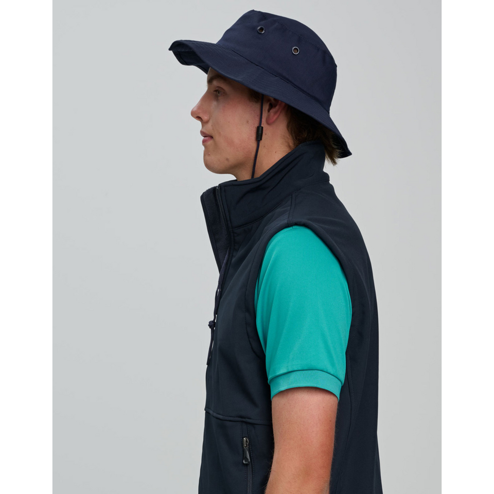 UMINA poly/cotton surf hat with UPF 50+ sun protection, featuring a soft brim, large eyelets, and a breakaway chin strap and toggle, perfect for beach and sun wear.