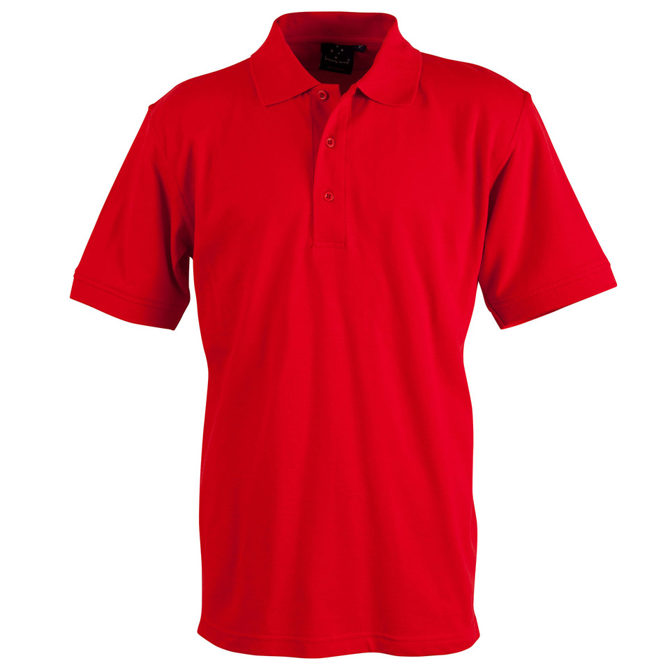 Bright red short sleeve polo shirt with collar and button placket in stretch pique fabric