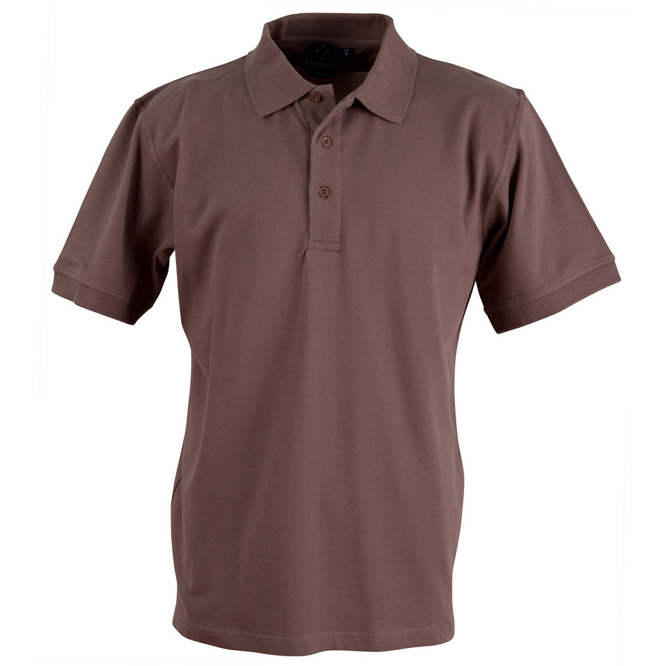 Taupe brown short sleeve polo shirt with collar and button placket in stretch pique fabric