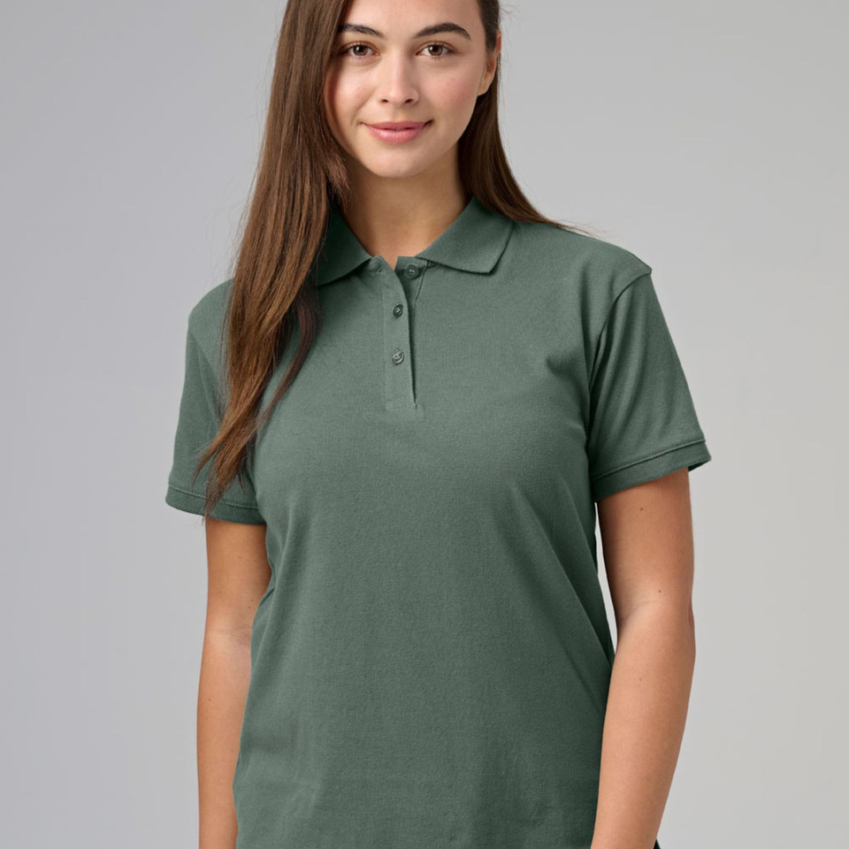 Sage green women's polo shirt with button placket and flat knit collar in stretch cotton fabric