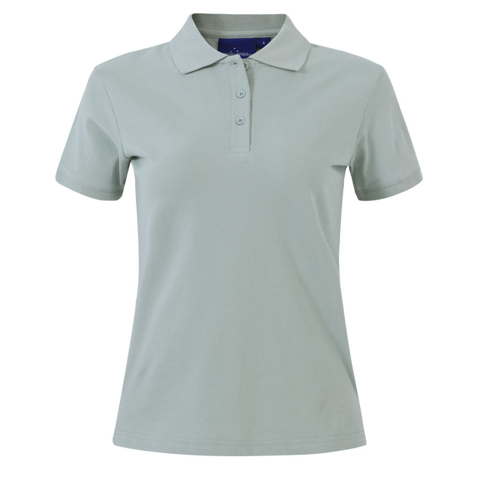 Sage green women's polo shirt with flat knit collar and three-button placket