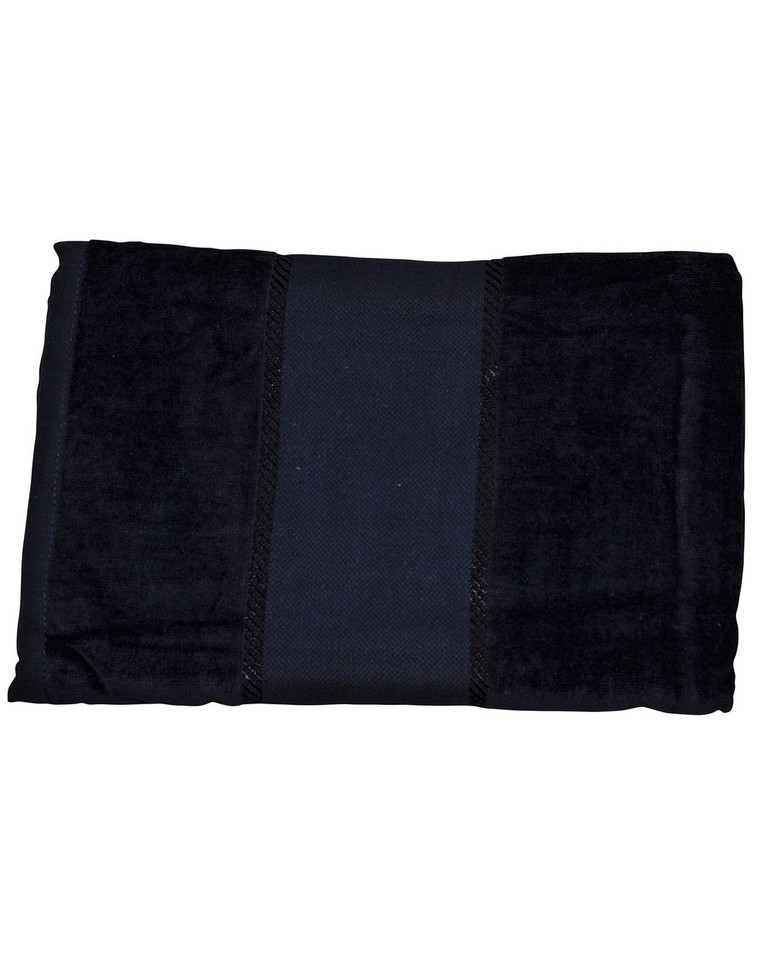 Navy velour beach towel with centre stripe panel and contrast stitching detail