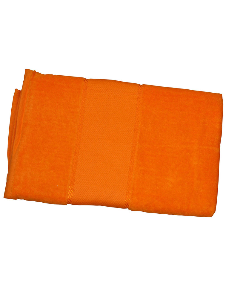 Folded orange cotton velour beach towel with woven border stripe detail, flat lay packshot