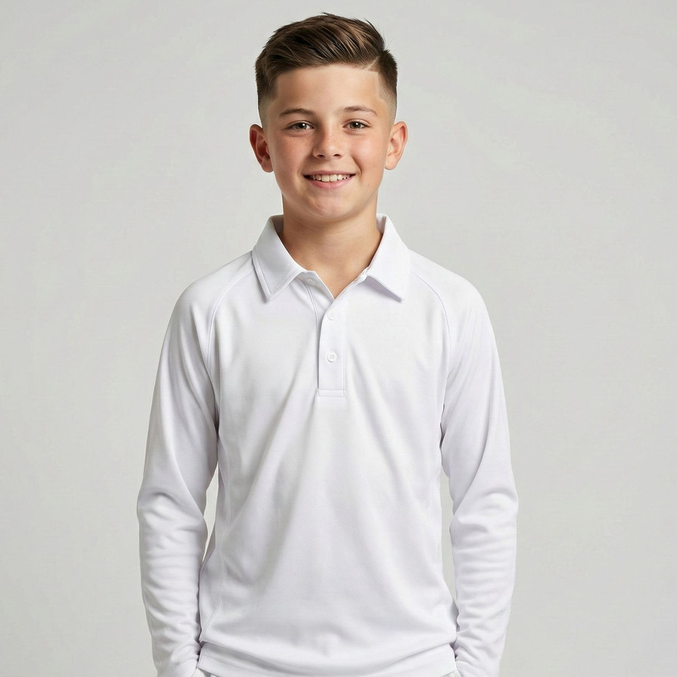 Young boy wearing a white long sleeve kids polo shirt with two-button placket and flat smooth front panel