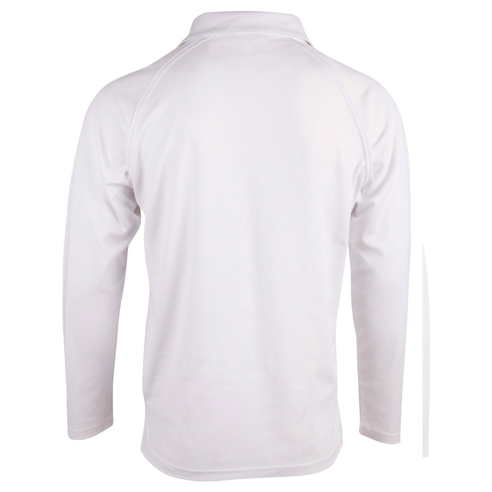 White long sleeve cricket polo with collar shown from back view
