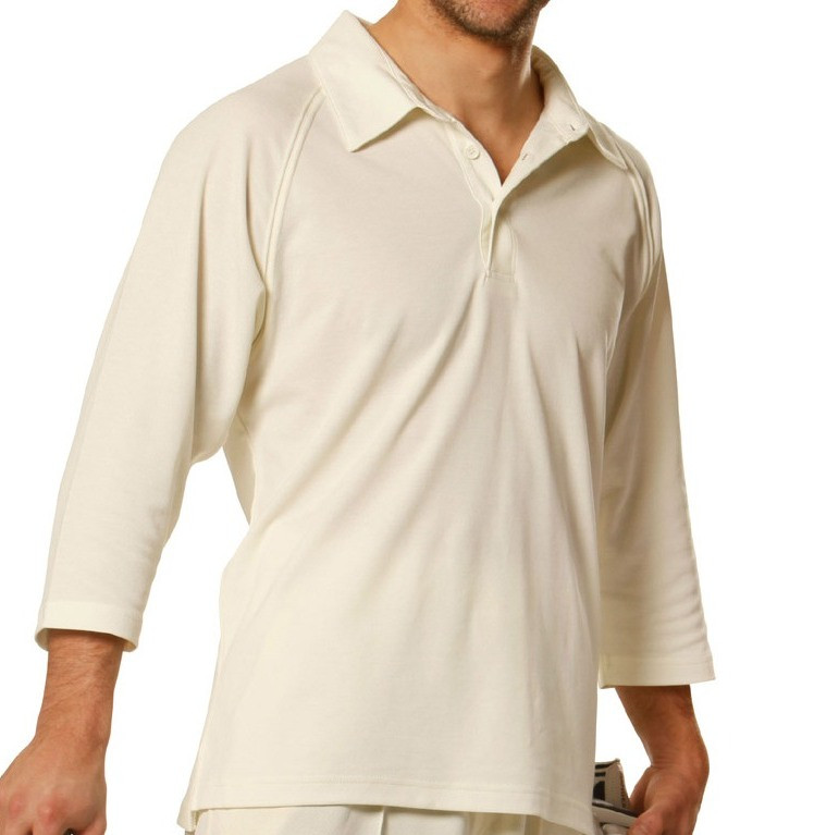 Cream three-quarter sleeve cricket polo with traditional collar and button placket