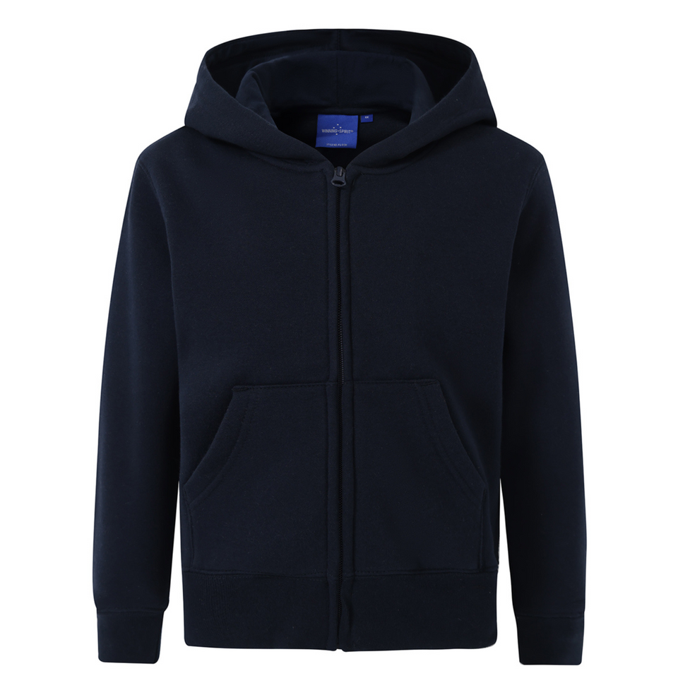 Navy ZIPPO Kids Cotton Rich Full-Zip Hoodie, a warm fleece sweatshirt with a front zipper and hood, ideal for school uniforms or casual layering.