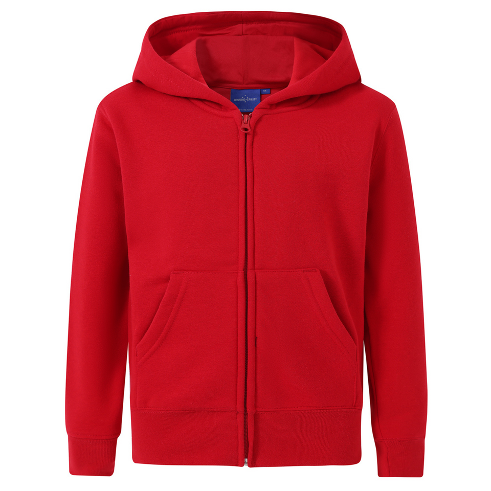 Red ZIPPO Kids Cotton Rich Full-Zip Hoodie, a warm fleece sweatshirt with a front zipper and hood, ideal for school uniforms or casual layering.