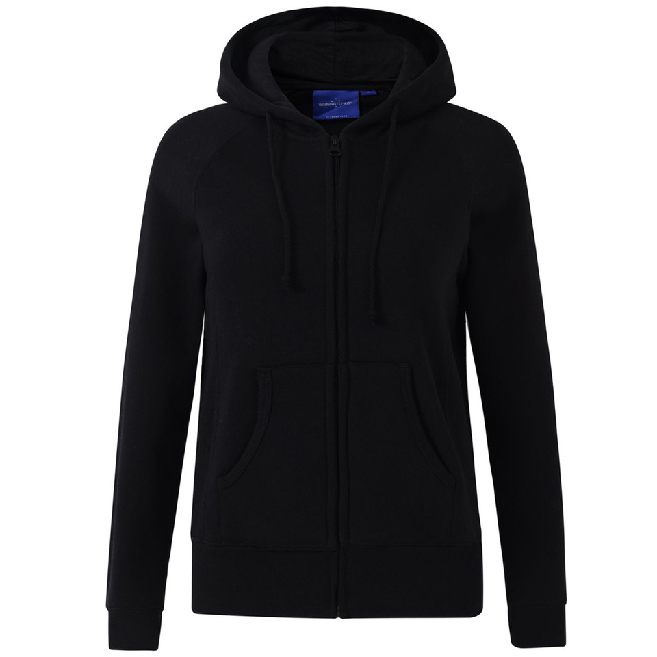 Ladies' Black zip-up hoodie with front pockets, drawstring hood, and long sleeves