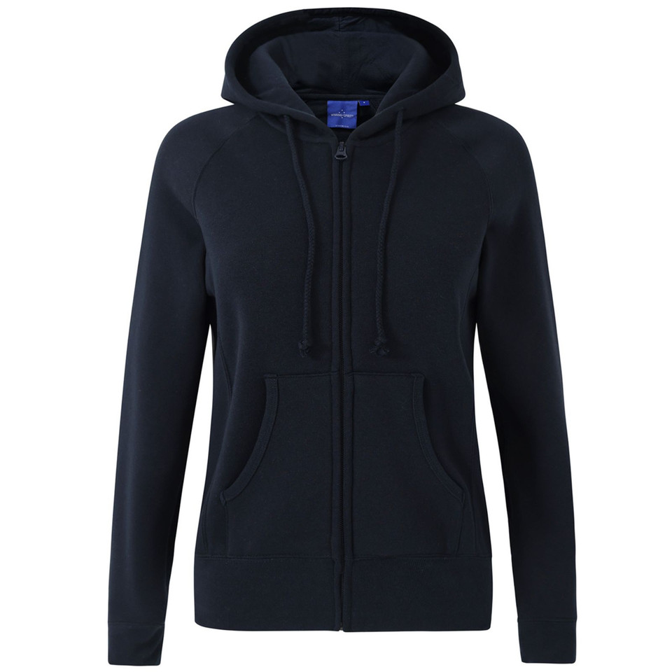 Ladies' Navy zip-up hoodie with front pockets, drawstring hood, and long sleeves