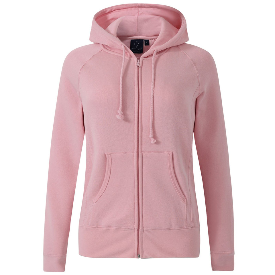 Pale pink zip-up hoodie with front pockets and drawstring hood on white background