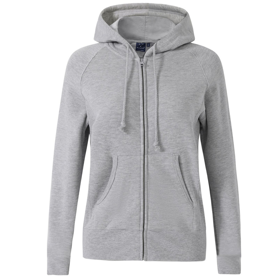Ladies' grey zip-up hoodie with front pockets, drawstring hood, and long sleeves