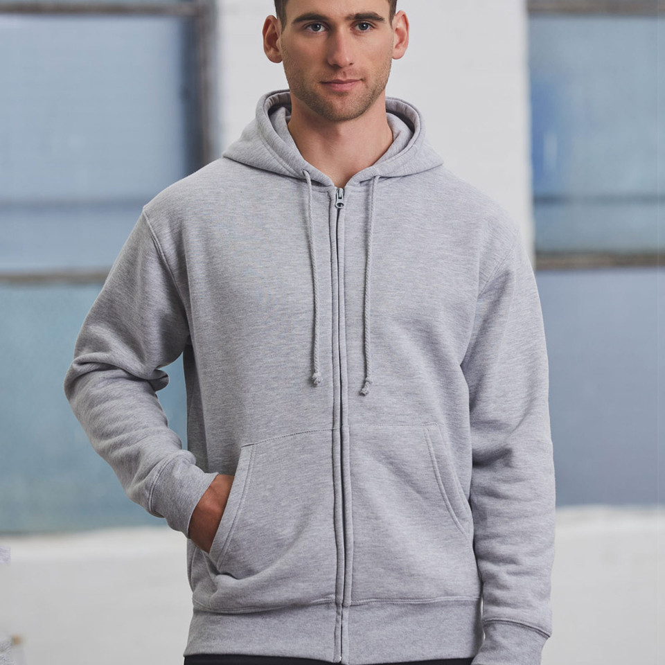 Grey marle zip-up hoodie with kangaroo pocket, drawstring hood, and ribbed cuffs and hem