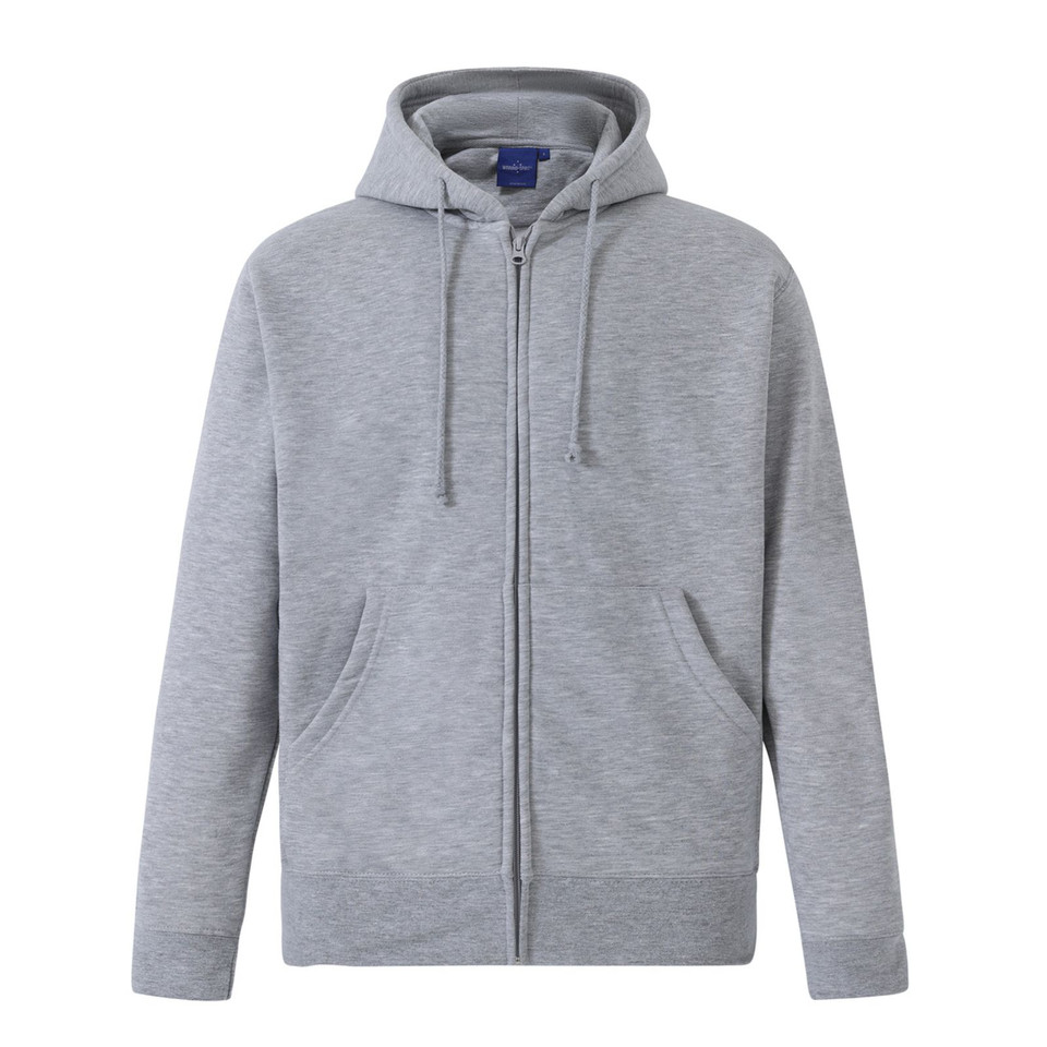 Grey marle zip-up hoodie with drawstrings, kangaroo pockets, and ribbed cuffs