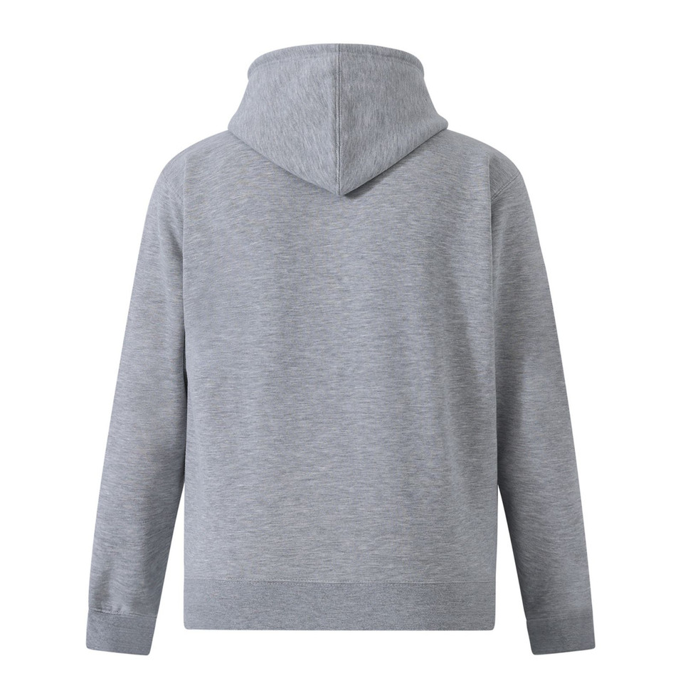 Grey marle zip-up hoodie shown from back with hood up and long sleeves