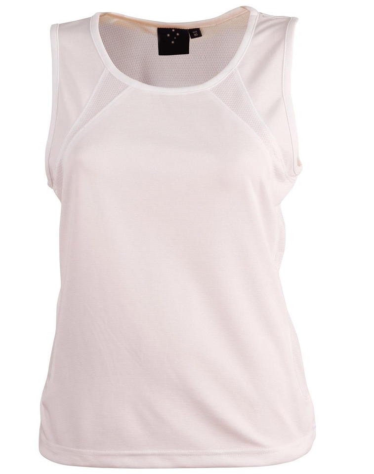 White women's athletic singlet with contrast grey trim on neckline and armholes, sleeveless performance design