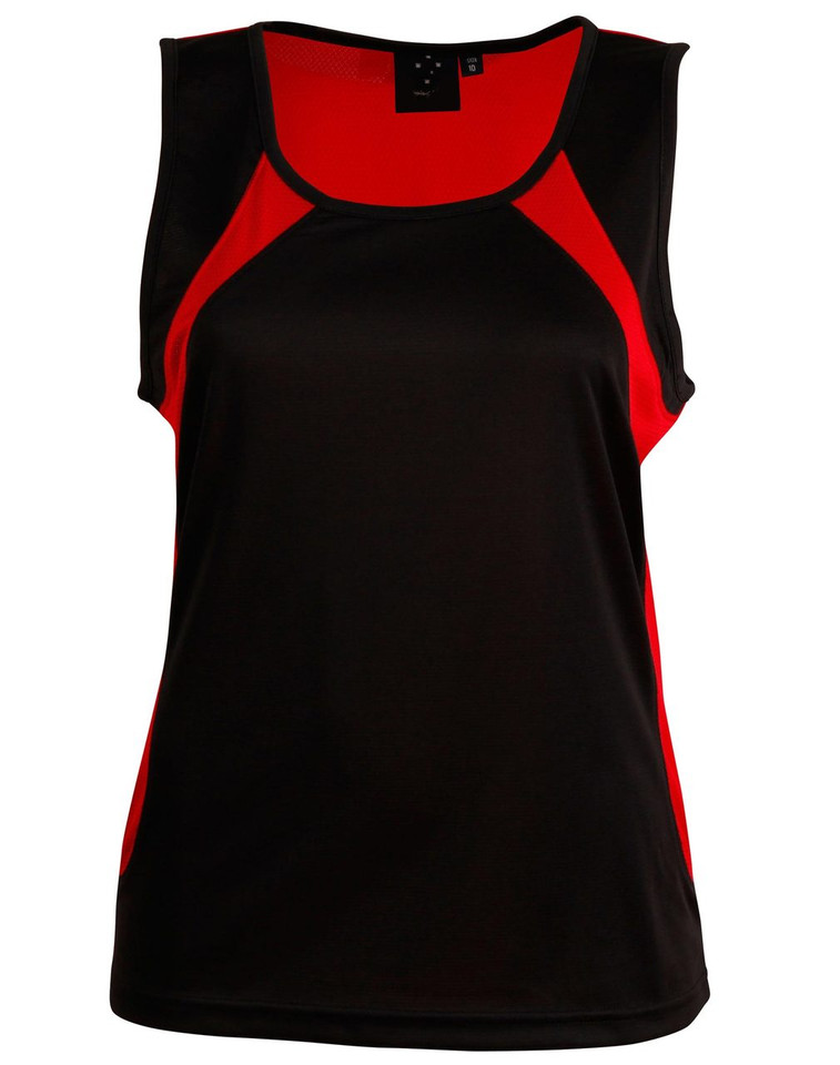 Black athletic singlet with red contrast side panels and shoulder inserts featuring curved design lines