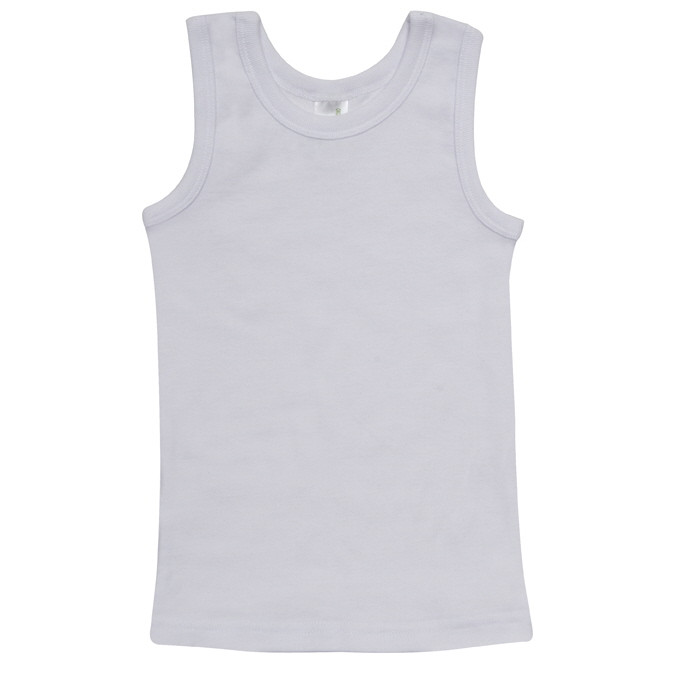 White organic cotton children's singlet with ribbed crew neckline and armholes