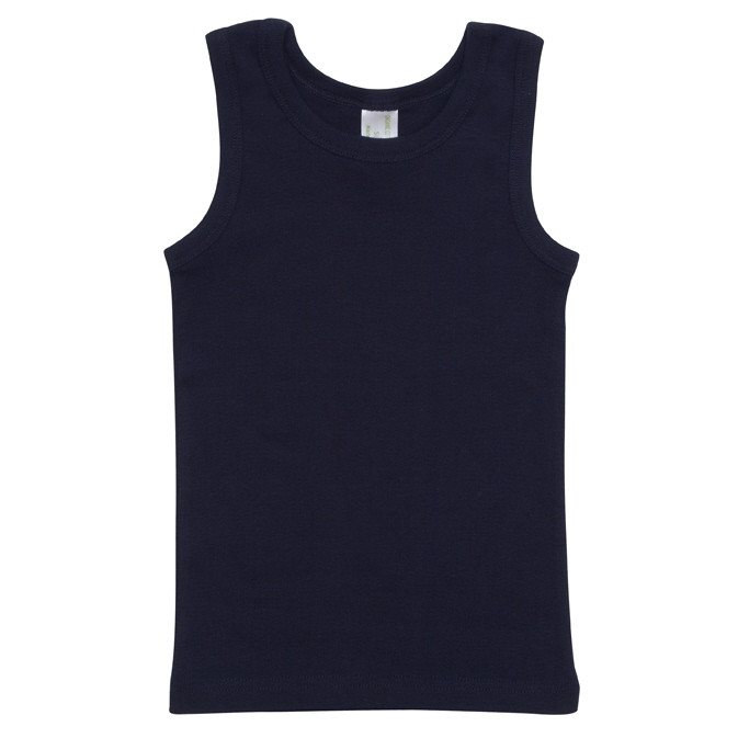 Navy organic cotton children's singlet with round neckline and white label tag
