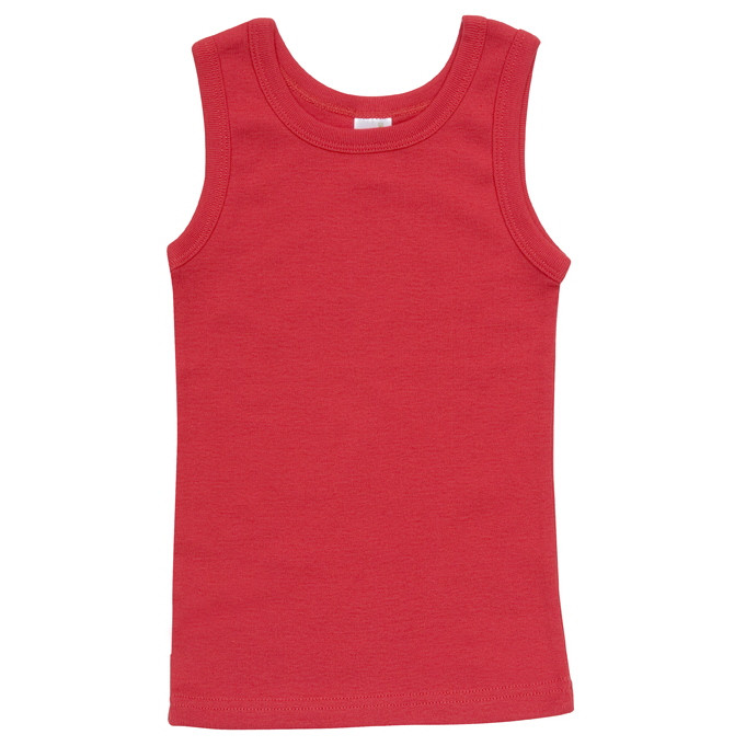 Red organic cotton sleeveless singlet with wide shoulder straps and ribbed neckline