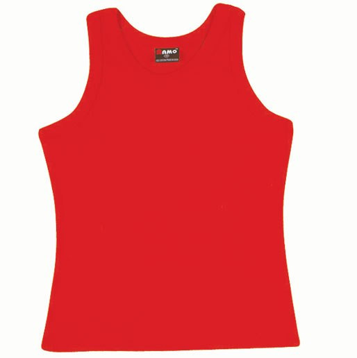 Bright red ribbed tank top singlet with wide straps and scooped neckline on white background