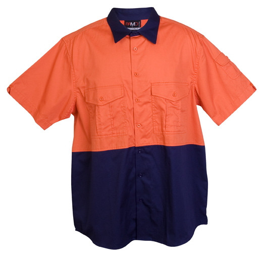 High-visibility orange and navy two-tone work shirt with twin chest pockets and contrasting collar