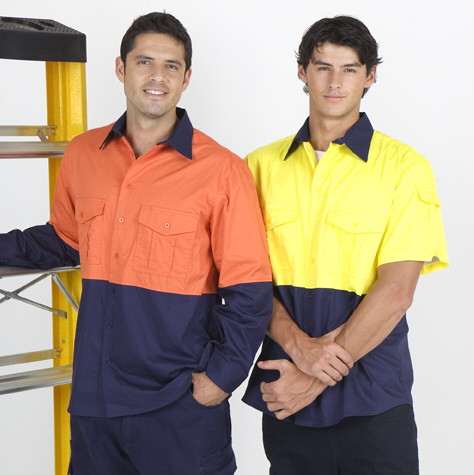 High visibility work shirts in orange and yellow with navy contrast panels, chest pockets and short sleeves