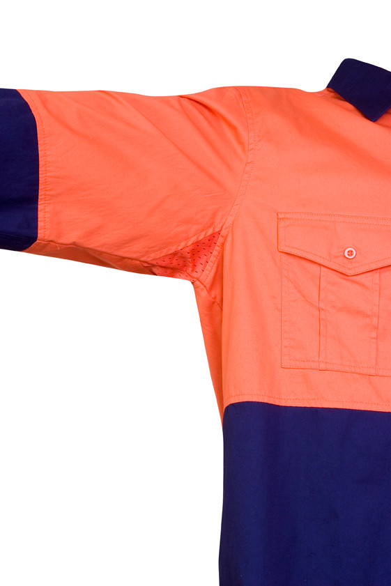 Hi-vis orange and navy work shirt with chest pocket and contrasting sleeves