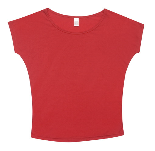 Coral red women's tee with batwing sleeves and wide crew neckline displayed flat