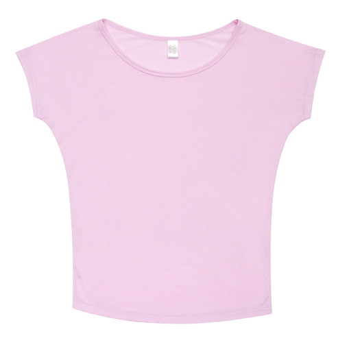 Soft pink women's batwing sleeve tee with wide scoop neck, relaxed fit, flat lay packshot