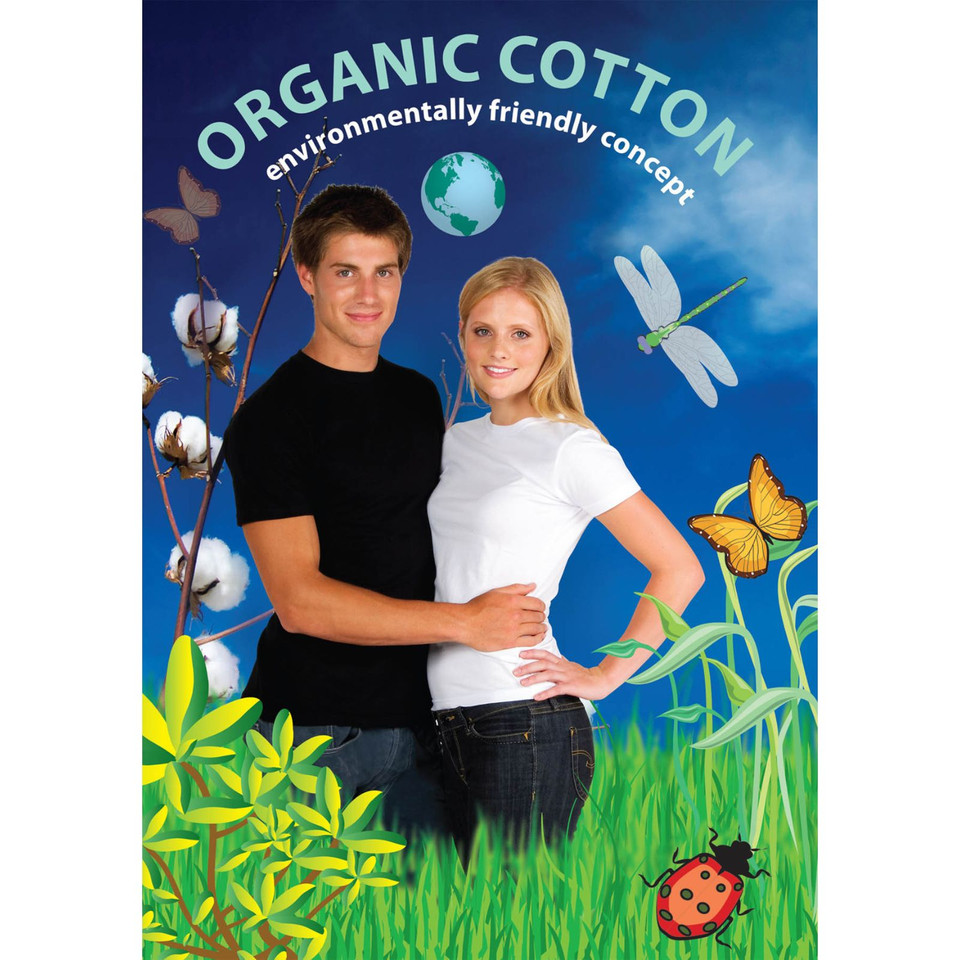 Man in black and woman in white slim fit organic cotton crew neck tees, nature-themed campaign backdrop