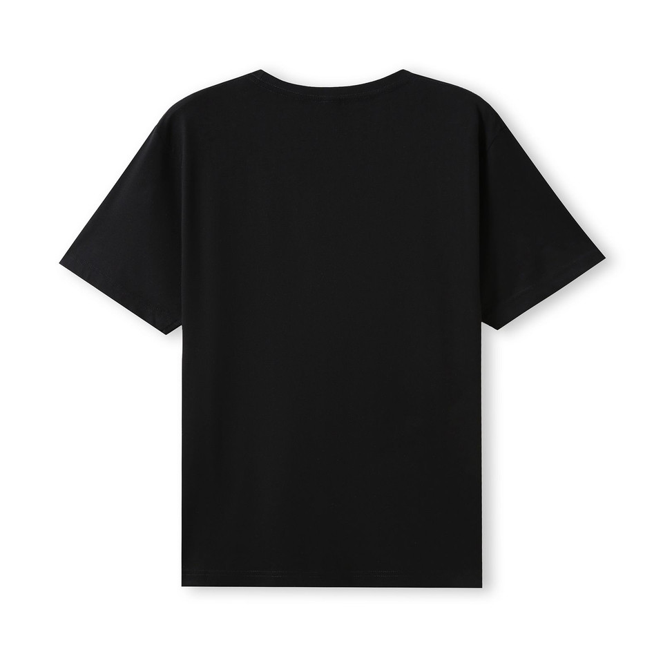 Back view of a black men's slim fit organic cotton crew neck t-shirt, flat lay packshot