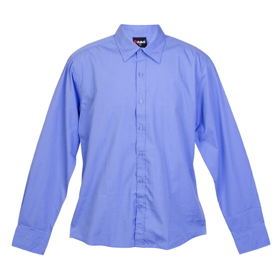 Periwinkle blue long sleeve business shirt with collar and button-front placket
