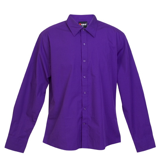 Purple long sleeve men's business shirt with point collar and button front placket, flat lay