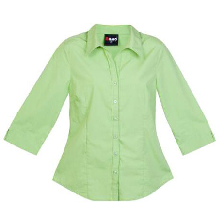 Lime green women's business shirt with three-quarter sleeves and button-front closure