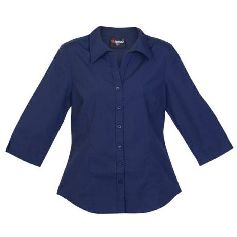Navy women's business shirt with three-quarter sleeves, button front, and a tailored collar — flat lay packshot