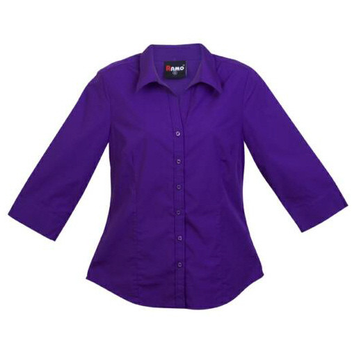Purple women's button-up business shirt with 3/4 sleeves, spread collar and curved hem — flat lay packshot