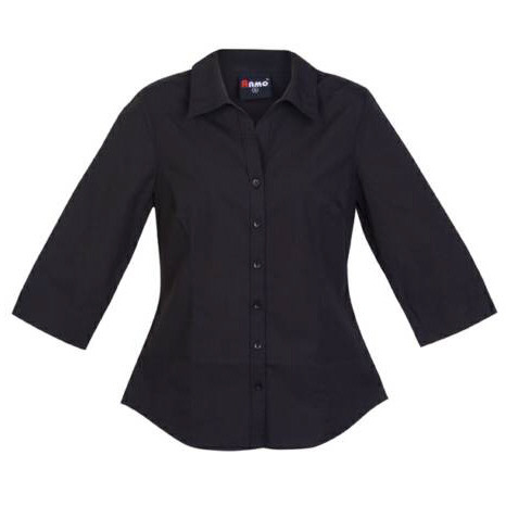 Black women's business shirt with three-quarter sleeves and curved hem, flat lay view