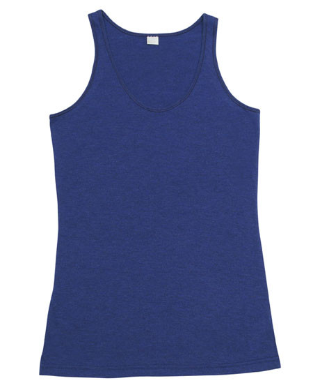 Navy blue women's singlet with scoop neckline and wide shoulder straps, flat lay view